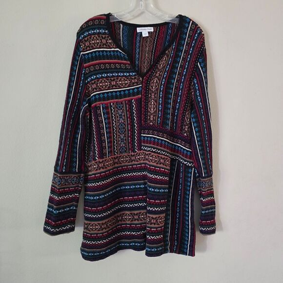 COLDWATER GREEK Women’s Colorful Striped V neck Sweater Top Size Large - Picture 2 of 9